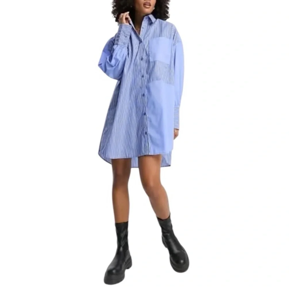 ASOS Blue Ticking Stripe Boyfriend Shirt Dress - Picture 2 of 9